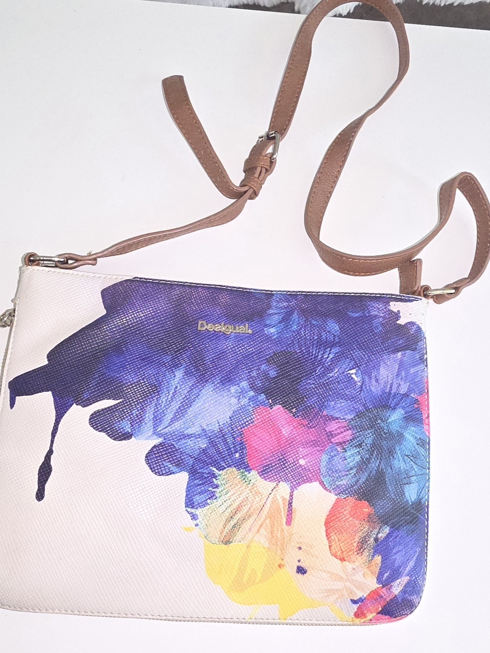 Desigual Purple Blue Pink Floral Paint-Splash Crossbody with Brown Strap